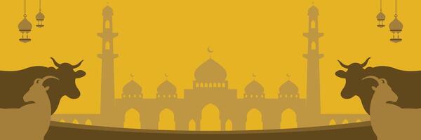 islamic guld bakgrund för eid al-adha, med moské, ko och get silhuett ikoner. baner mall med tömma Plats för text. design för dag av offra vektor