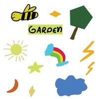 Kinder Zeichnung Abbildungen von natürlich Objekte, Gardens, Bienen, Regenbögen und Andere vektor