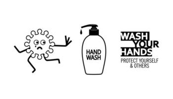 Hände waschen, sich und andere vor Corona-Virus Covid 19 schützen, Handwäsche und Keimskizze vektor