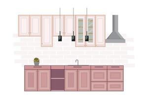 gemütlich Küche Innere mit stilvoll Lampen, Schrank und Pflanze vektor