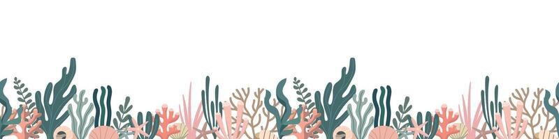 Seetang und Korallen horizontal nahtlos Rand Muster. Hand gezeichnet Pflanzen botanisch Textur. großartig zum Stoff, Textil, Kleidung, Digital Papier. isoliert auf Weiß Hintergrund vektor