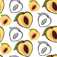 en mönster av färgad persikor med en kontur, halv. ljus färger, detaljerad textur, realistisk skuggning av frukt med löv. illustration i sömlös textur för utskrift. mönster på vit vektor