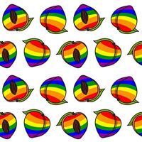 mönster av persikor målad i Allt de färger av de regnbåge med en kontur. färgrik frukt individuellt. hela halvor i annorlunda poserar. HBTQ symbol. lämplig för hemsida, blogg, produkt förpackning vektor