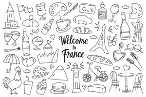 Frankrike symboler samling, översikt ikoner av eifel torn, ost, croissant, reser i paris, turism illustrationer, känd franska sightseeing, svart och vit uppsättning av vin och flagga klotter vektor
