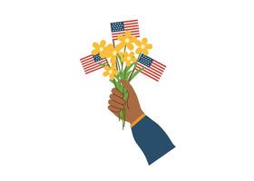 boumemorial dag och oberoende dag begrepp. flagga dag begrepp. bukett av gul blommor med amerikan flaggor i mänsklig hand. vektor