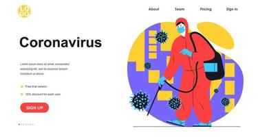 Stoppen Sie das Coronavirus-Webbanner-Konzept. Sanitäter im Schutzanzug mit Desinfektionsmittel behandelt Oberflächen. Bekämpfung von Virusinfektionen, Zielseitenvorlage. Vektor-Illustration mit Menschenszene im flachen Design vektor