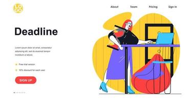 deadline på office web banner koncept. kvinna som har bråttom att avsluta uppgiften, håller timglas. stress på jobbet och mall för målsida för tidshantering. vektor illustration med människor scen i platt design