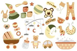 baby shower och nyfödda isolerade element set. bunt med barnkläder och leksaker, babymobil, barnvagn, bad, sovmåne, flaska och annat. skaparsats för vektorillustration i platt tecknad design vektor