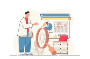 SEO-Analysekonzept für Webbanner. Mann optimiert Website für Suchmaschinen, analysiert Statistiken der modernen Personenszene der Webseite. Vektor-Illustration im flachen Cartoon-Design mit Menschenfiguren vektor