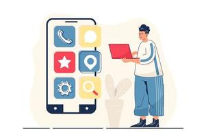 apputvecklingskoncept för webbbanner. man skapar gränssnittslayout för mobilappar och placerar grafiska element, modern personscen. vektor illustration i platt tecknad design med människor tecken