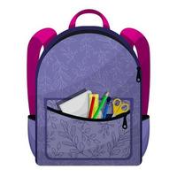 färgad skolryggsäck. utbildning, skolväska bagage, ryggsäck. barn skolväska ryggsäck med utbildningsutrustning. vektor illustration
