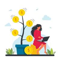 kvinna frilansare karaktär som arbetar på laptop sitter på högen av guldmynt nära enorm kruka med pengar träd, dollarsedlar hängande på grenar. konceptet att tjäna pengar frilansare, investeringar, tillväxt vektor