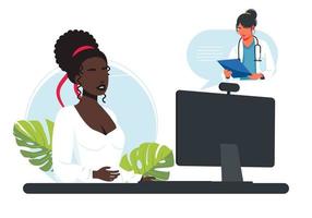 Afrikanische Frau erhält Online-Arztkonsultation zu Hause. Arzt empfiehlt Medikamente per Videolink. Live-Chat. Der Patient trifft sich über die Laptop-Anwendung mit einem Online-Arzt. Vektor-Illustration vektor