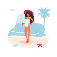 gravid flicka i en baddräkt som håller solskyddsmedel på stranden. gravid ung brunett kvinna som väntar på födseln. mamma i baddräkt med långt svart hår. vård av huden på gravida kvinnor från UV-strålar vektor