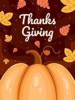 Thanksgiving-Grußkarten-Illustrationsdesign mit Blättern Blumen und Kürbis. glücklich danke geben, danke geben. kann auch für Banner, Poster, Web, Social Media, Print, Postkarten verwendet werden. vektor