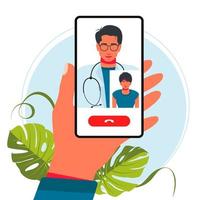 Hand hält ein Telefon mit Online-Klinik-App. Spezialist ist bereit, einen Patienten telefonisch zu konsultieren. mit Arzt plaudern. flache Vektorillustration. Vektor-Illustration vektor