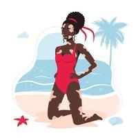 Vitiligo-Hautkrankheit bei afroamerikanischem Mädchen im Badeanzug. Frau mit Vitiligo-Diagnose beim Sonnenbaden am Strand ist nicht schüchtern. das konzept der unterschiedlichen schönheit, körperlich positiv, selbstakzeptanz. vektor