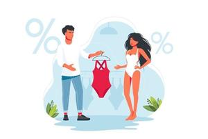 försäljningsassistent hjälper köparen att välja en baddräkt, klänning. konsult ger kvinnan en baddräkt att prova. shoppa, köpa trendiga modekläder. vektor. pojkvän eller man köper tjejsaker vektor