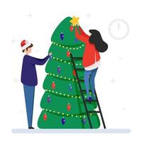 junges Paar schmückt Weihnachtsbaum, neues Jahr von Stier und Kuh, flache Illustration - Feier einen Feiertag - neues Jahr, Cartoon-Vektor isoliert auf weißem Hintergrund vektor