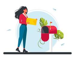 kvinna bär ett brev i brevlådan. e-konceptillustration, prenumerera på nyhetsbrev, e-postmarknadsföringsföretag. flickan bär ett brev till postkontoret. vektor illustration