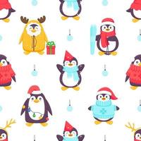 pingviner seamless mönster. tecknade pingviner i olika poser och känslor. vektor söt vinter illustration blå bakgrund. god jul och gott nytt år seamless mönster med pingviner i vektor