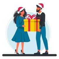 Mann und Frau, die eine große Geschenkbox mit Weihnachtsmann-Hüten halten. Weihnachten und Neujahr. glücklicher lächelnder mann und frau tragen eine große geschenkbox. Bonus oder Sonderangebot. gegenwärtig. moderne Vektorillustration. vektor