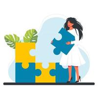 Leute sammeln ein Puzzle, ein Mosaik. Frau mit großen Puzzleteilen. eine erfolgreiche Partnerschaft, Kommunikation, Zusammenarbeit Metapher. Teamarbeit, Geschäftskooperationskonzept. Vektor-Illustration vektor