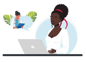 afrikansk kvinna får onlineläkarkonsultation hemma. läkare rekommenderar mediciner via videolänk. livechatt. patienten träffar en onlineläkare via den bärbara applikationen. vektor illustration
