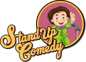 stå upp komedi logotyp design med pojke seriefigur vektor