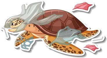 Schildkröte steckte mit Plastikmüllkarikaturaufkleber fest vektor