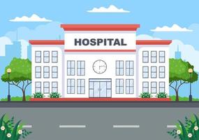 Krankenhausgebäude für Gesundheitshintergrundvektorillustration mit, Krankenwagen, Arzt, Patient, Krankenschwestern und medizinischem Klinikäußeres vektor