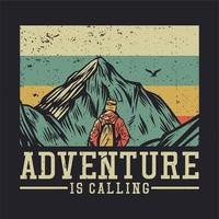 t-shirt design äventyr ringer med kvinna vandring berg vintage illustration vektor
