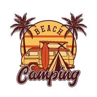 t-shirt design strand camping med campingbil och tält vintage illustration vektor