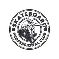 Logo-Design-Skateboard-Proficlub mit Mann, der Skateboard schwarz-weiß-Vintage-Illustration spielt vektor