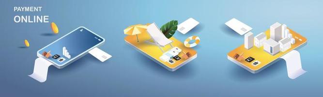 Online-Zahlung auf dem Handy Online-Shopping verkaufen kaufen Rechnung und Kartengeld flach isometrische Vektorkonzept Banking.