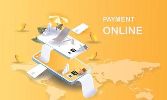 Online-Zahlung auf dem Handy Online-Shopping verkaufen kaufen Rechnung und Kartengeld flach isometrische Vektorkonzept Banking.
