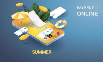 Online-Zahlung auf dem Handy Online-Shopping verkaufen kaufen Rechnung und Kartengeld flach isometrische Vektorkonzept Banking Sommer isometrisch. vektor
