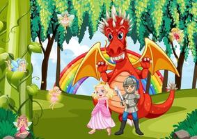 Cartoon-Drache und Ritter im Zauberwald vektor