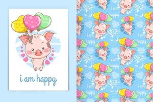 süßes Babyschwein mit Liebesballonkarikaturillustration und nahtlosem Mustersatz vektor
