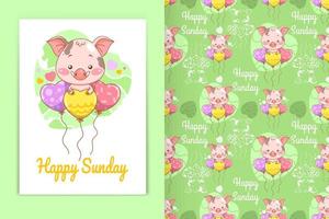 söt baby gris med kärlek ballong tecknad illustration och seamless mönster set vektor