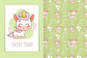 süßer Baby-Einhorn-Cartoon-Kawaii-Stil und nahtloses Musterset vektor