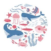 Marine Tiere und Fisch stilisiert im ein Kreis. unter Wasser Welt, Meer Leben. Wal, Fisch, Algen. Konzept Karte mit unter Wasser Bewohner. Illustration auf Weiß Hintergrund. vektor