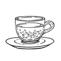 Tasse von Tee mit gesund Tee, Rose. Hand gezeichnet Illustration im Gliederung Stil. vektor