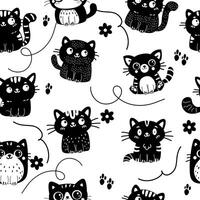 sömlös mönster karaktär tecknad serie klotter svart och vit silhuett katt vektor