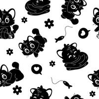 sömlös mönster karaktär tecknad serie svart och vit silhuett katt vektor