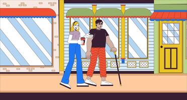 olika vänner på promenad i stad tecknad serie platt illustration. arab man med blindhet och europeisk kvinna på gata 2d linje tecken färgrik bakgrund. inkludering scen berättande bild vektor