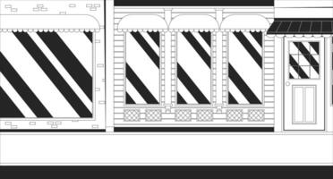 Stadt Straße mit Geschäft schwarz und Weiß Linie Illustration. Gebäude Fassaden. leeren Main Straße von klein Stadt, Dorf 2d Stadtbild einfarbig Hintergrund. Schaufenster Fenster Gliederung Szene Bild vektor