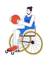 Inaktiverad caucasian man spelar basketboll 2d linjär tecknad serie karaktär. europeisk sportsman i rullstol isolerat linje person vit bakgrund. inkludering vård Färg platt fläck illustration vektor