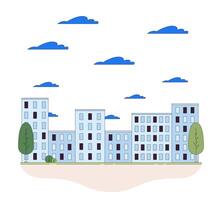 stadsbild med flervånings- lägenhet byggnader linje tecknad serie platt illustration. bostad blockera av stad 2d linjekonst objekt isolerat på vit bakgrund. urban område scen Färg bild vektor
