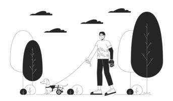 Inaktiverad sällskapsdjur ägare linje svart och vit linje illustration. asiatisk man med protes- ärm gående rullstolsburna hund 2d linjekonst karaktär isolerat. handikapp dagligen svartvit scen översikt bild vektor